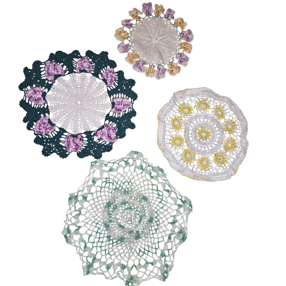 Vintage Handmade Crochet Doily Lot 4pc Floral Lace Green Purple Yellow White